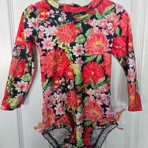 Ruffle Butts Floral Kids Swim Rashguard - Pink and Green